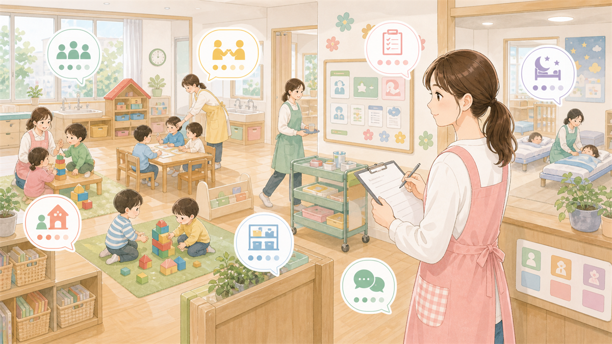 保育士の園見学で見るポイントの内容を整理した保育士向けイラスト