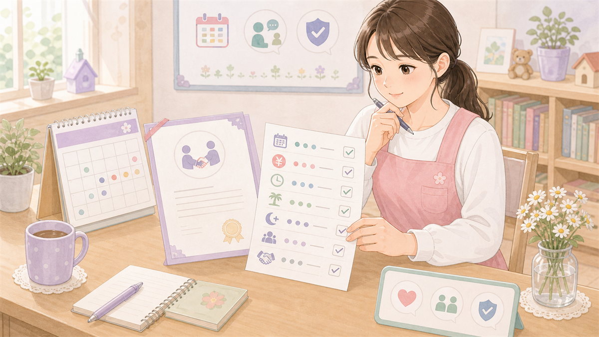保育士が内定前に確認したい条件の内容を整理した保育士向けイラスト