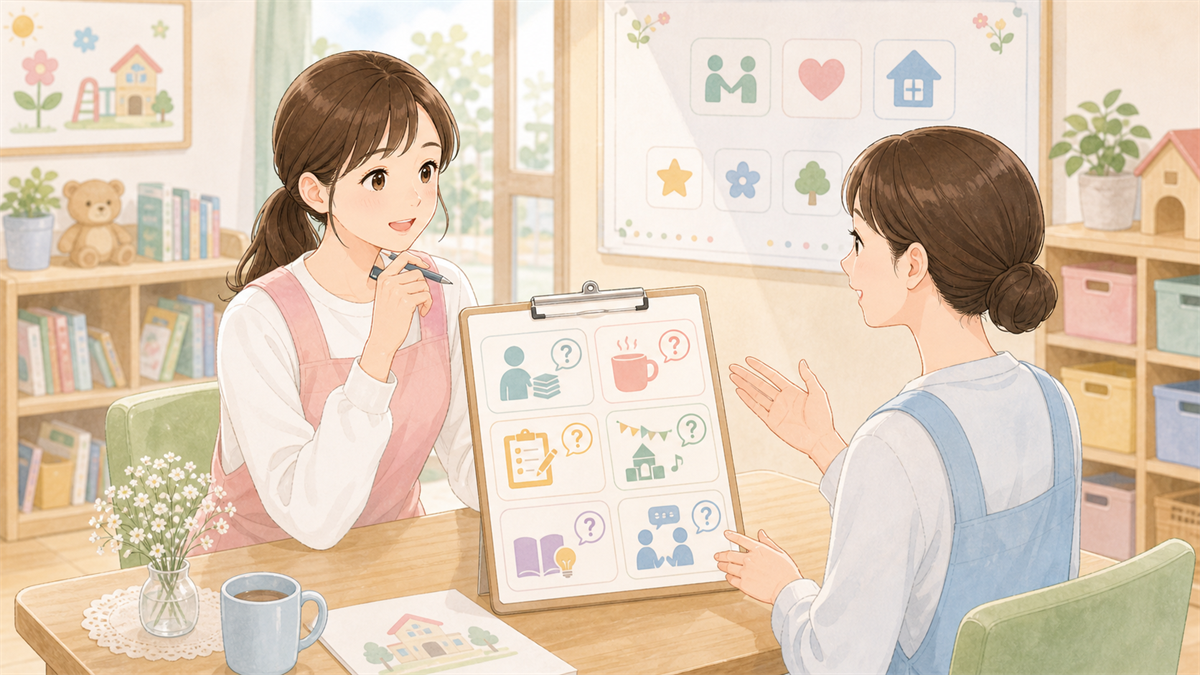 保育士が面接・園見学で聞く質問例の内容を整理した保育士向けイラスト