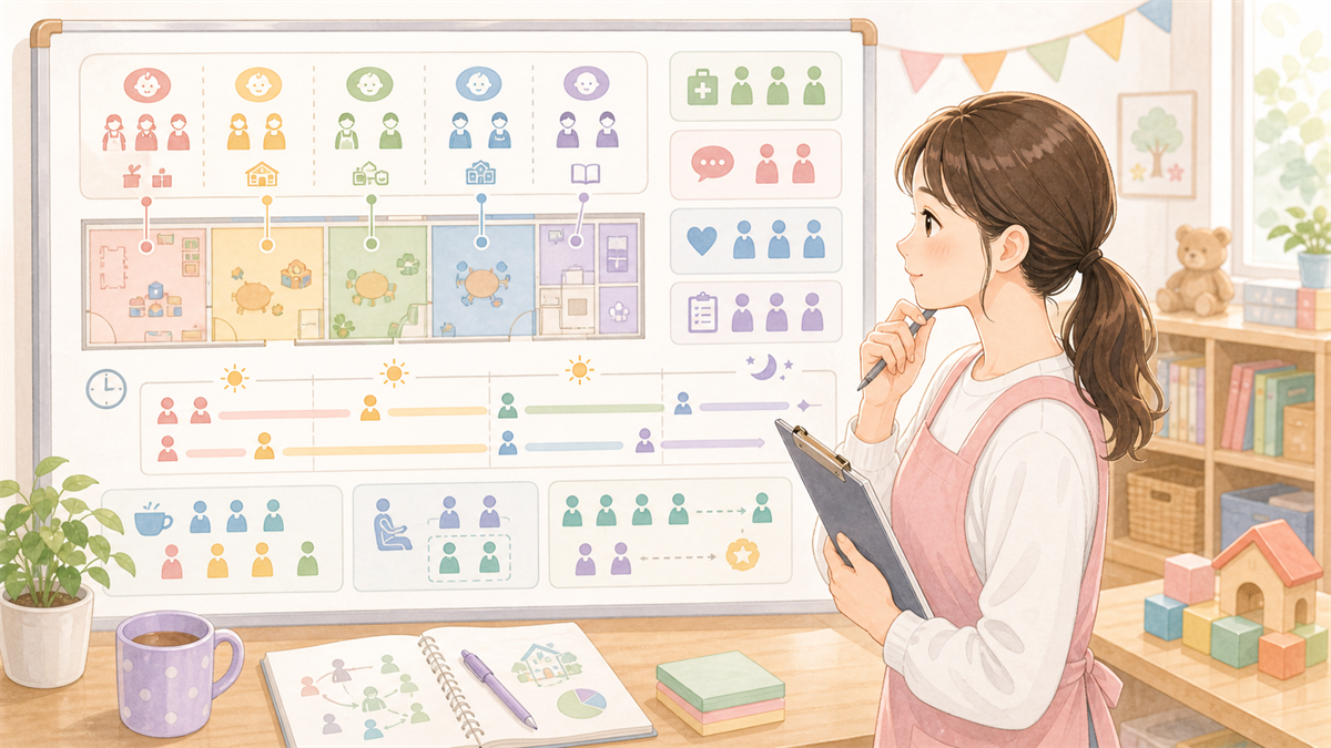 保育士の職員体制の読み方の内容を整理した保育士向けイラスト
