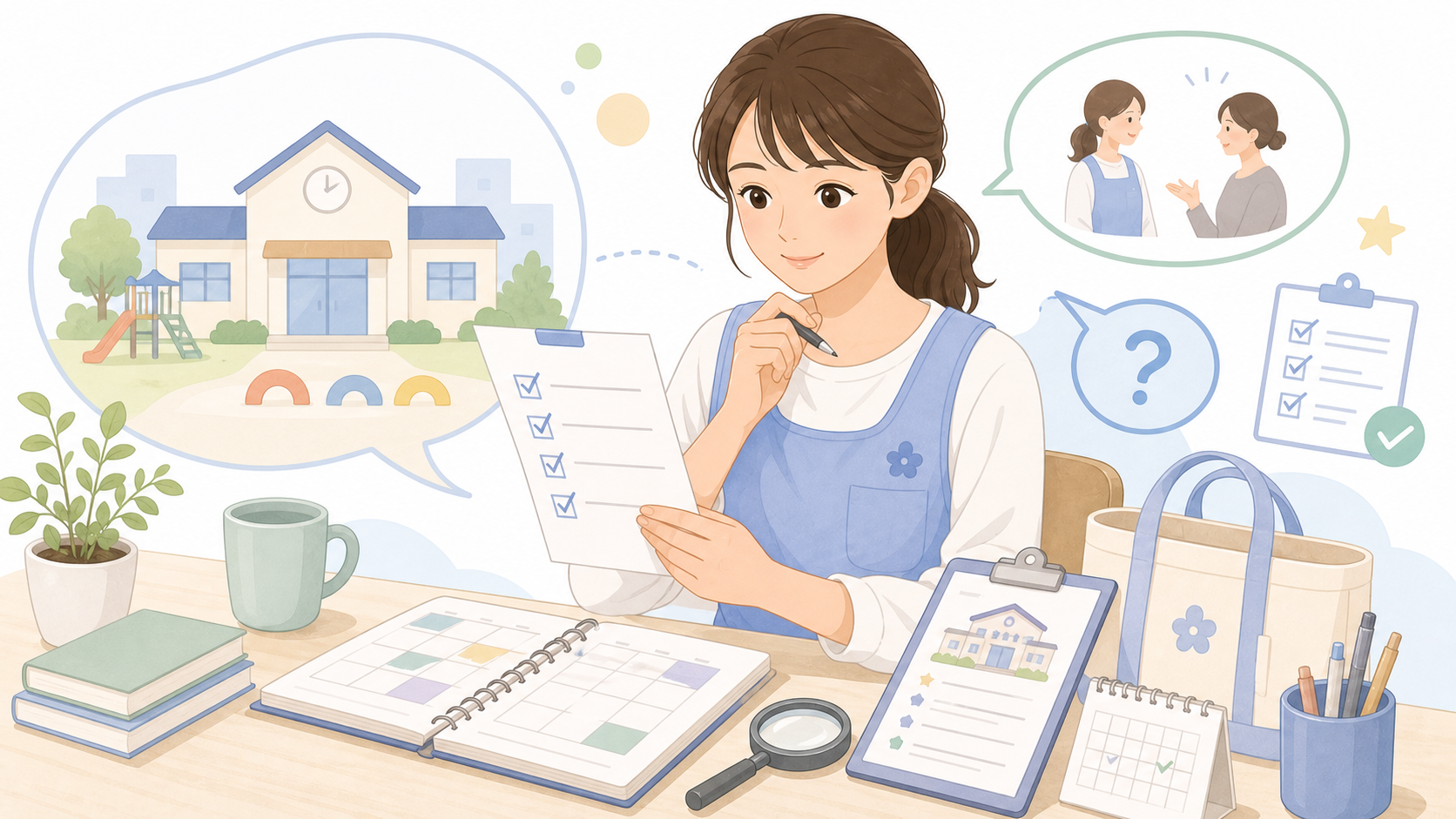 求人票と園見学メモを確認する保育士のイラスト